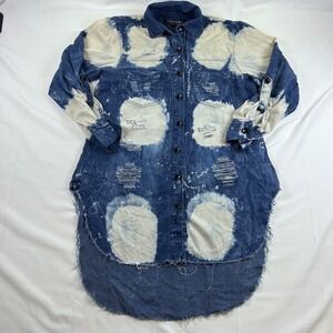 Thrill Jeans Denim Bleach Spot Wash Distressed Hi-Lo Shirt Women's M Street Wear
